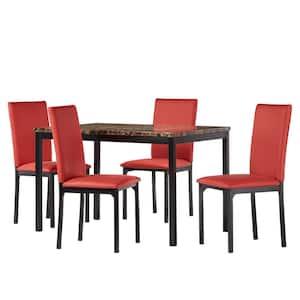 5-Piece Red Black Faux Marble Top Dining Set