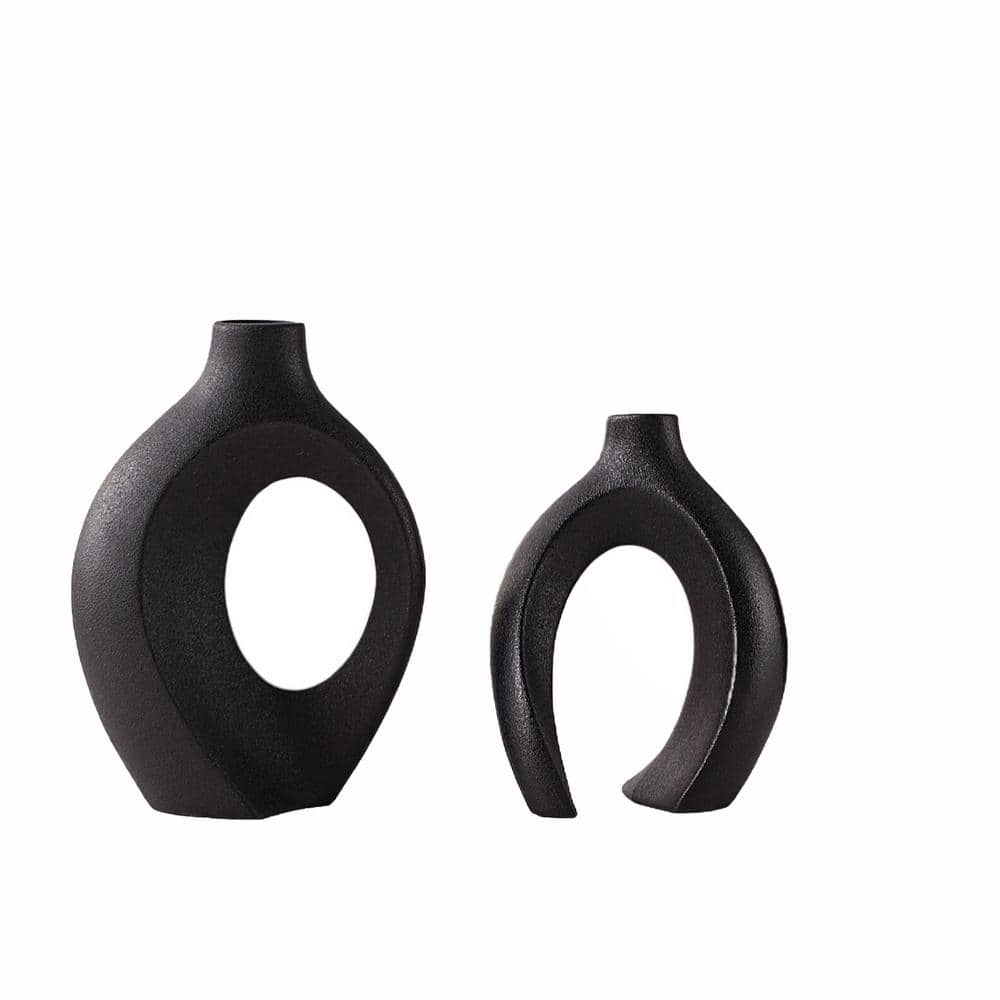 Decorative Vase Matte Black 8.4 in. Mid Century Ceramic Vase (Set of 2)