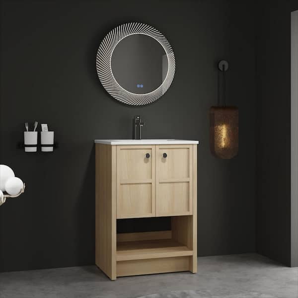 24 in. Single Sink Freestanding Oak Bath Vanity with White Ceramic Top, Open Shelf and Door Storage Cabinet Unassembled