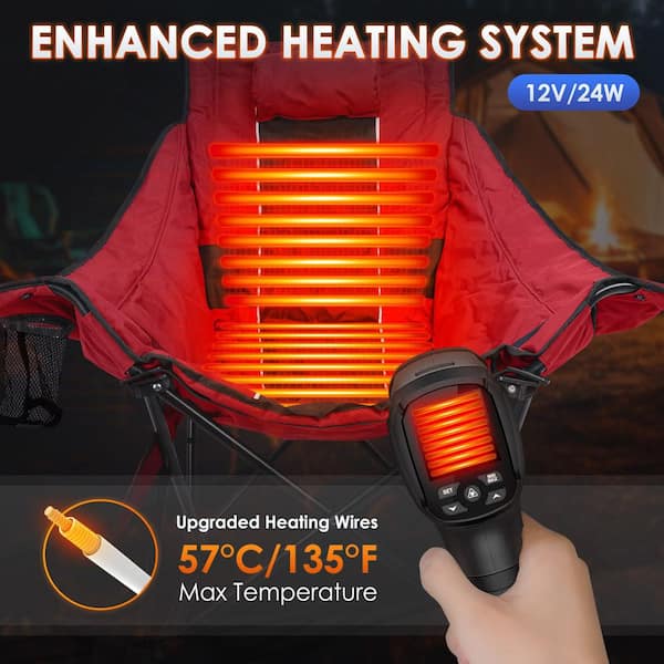 Wine Red Oversized Heated Rocking Camping Chair, Portable Folding Heated Chairs Outdoor Sports with Power Bank