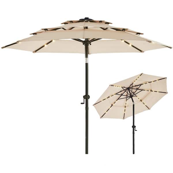 wikiwiki 10 ft. 3-Tier Solar Led Lighted Market Patio Umbrella with Push Button Tilt in Beige