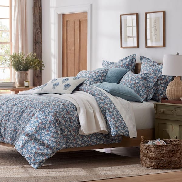Company Cotton Julienne 4-Piece Floral Blue Cotton Percale Full Sheet Set