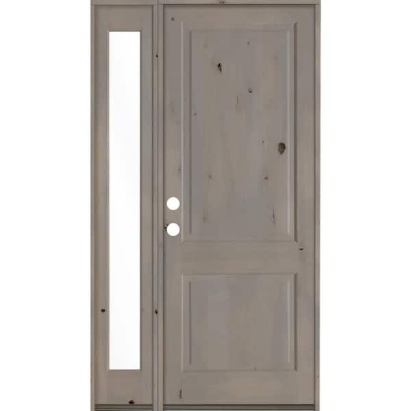 Krosswood Doors 50 in. x 96 in. Rustic knotty alder Right-Hand/Inswing Clear Glass Grey Stain Wood Prehung Front Door w/Left Sidelite