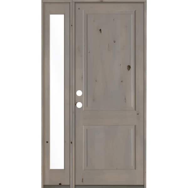 Krosswood Doors 56 in. x 96 in. Rustic knotty alder Right-Hand/Inswing Clear Glass Grey Stain Wood Prehung Front Door with Left Sidelite