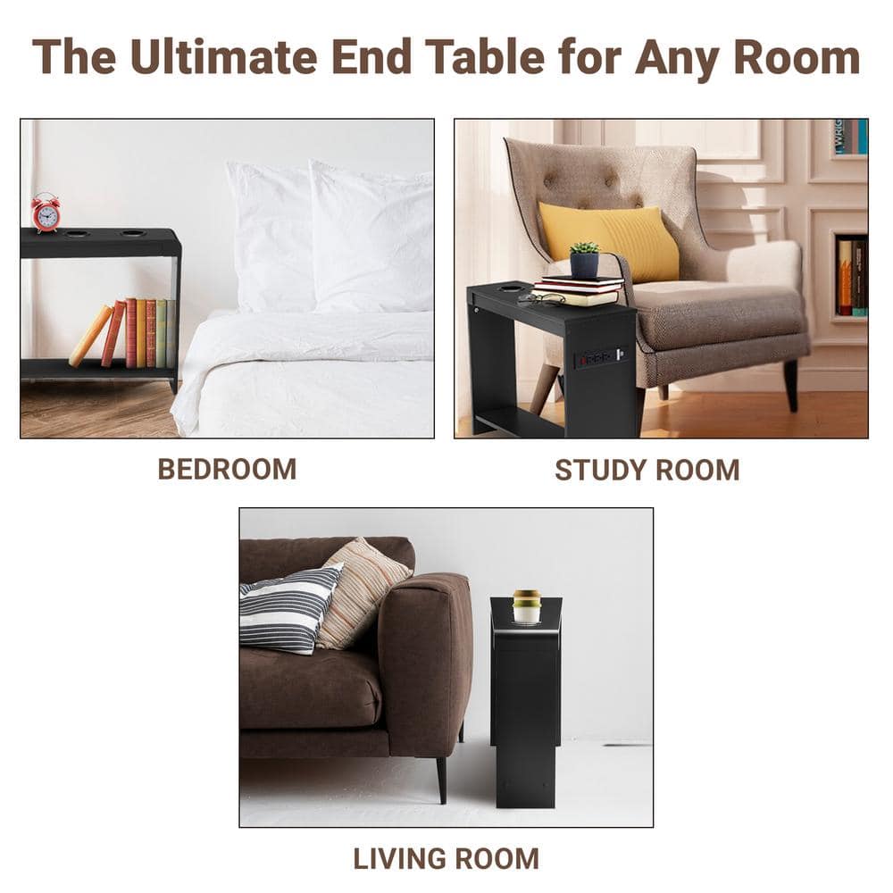 Black Wood 2-Drawer Nightstand with Charging Station