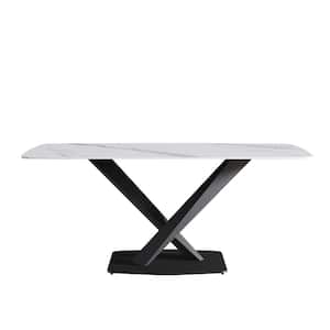70.87 in. Bottom Radius Rectangular White Sintered Stone Dining Table with Black Pedestal Legs (Seats 6)