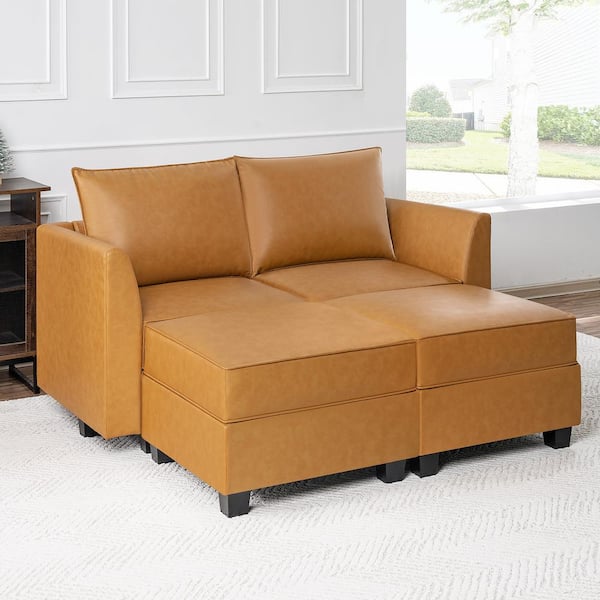 HOMESTOCK 61.22 in. W Faux Leather 1-Piece Straight Arm Loveseat with Double Ottoman for Sectional Sofa Living Room Set in Caramel
