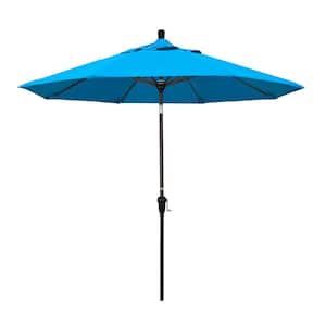 9 ft. Bronze Aluminum Market Auto-tilt Crank Lift Patio Umbrella in Canvas Cyan Sunbrella
