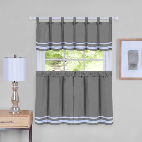 ACHIM Dakota Grey Polyester Light Filtering Rod Pocket Tier and Valance Curtain Set 58 in. W x 24 in. L