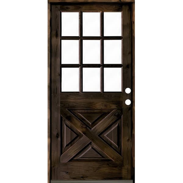 Krosswood Doors 32 in. x 80 in. Knotty Alder X-Panel Left-Hand/Inswing 1/2 Lite Clear Glass Black Stain Wood Prehung Front Door