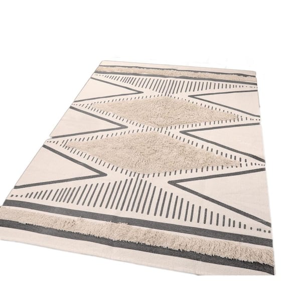 Unbranded Beige 4 ft. x 6 ft. Washable Boho Farmhouse Cotton Throw s Moroccan Tribal Woven Indoor Area Rug