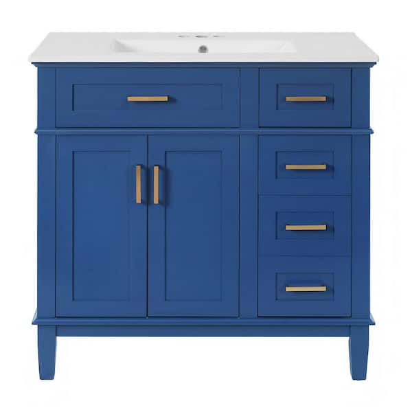 36 in. W x 18.3 in. D x 35 in. H Single Sink Bath Vanity in Blue with White Ceramic Top and Drawers