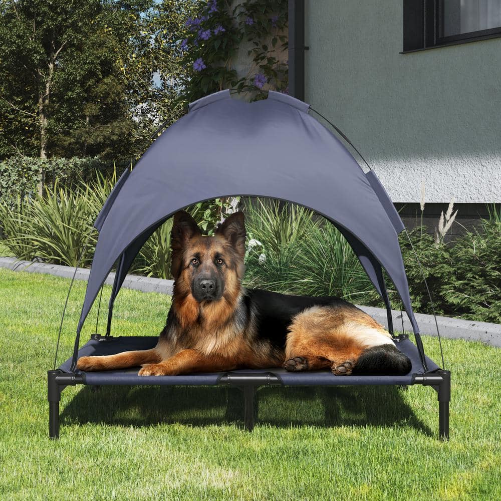 Large Navy Blue Elevated Outdoor Waterproof Dog Bed with Canopy