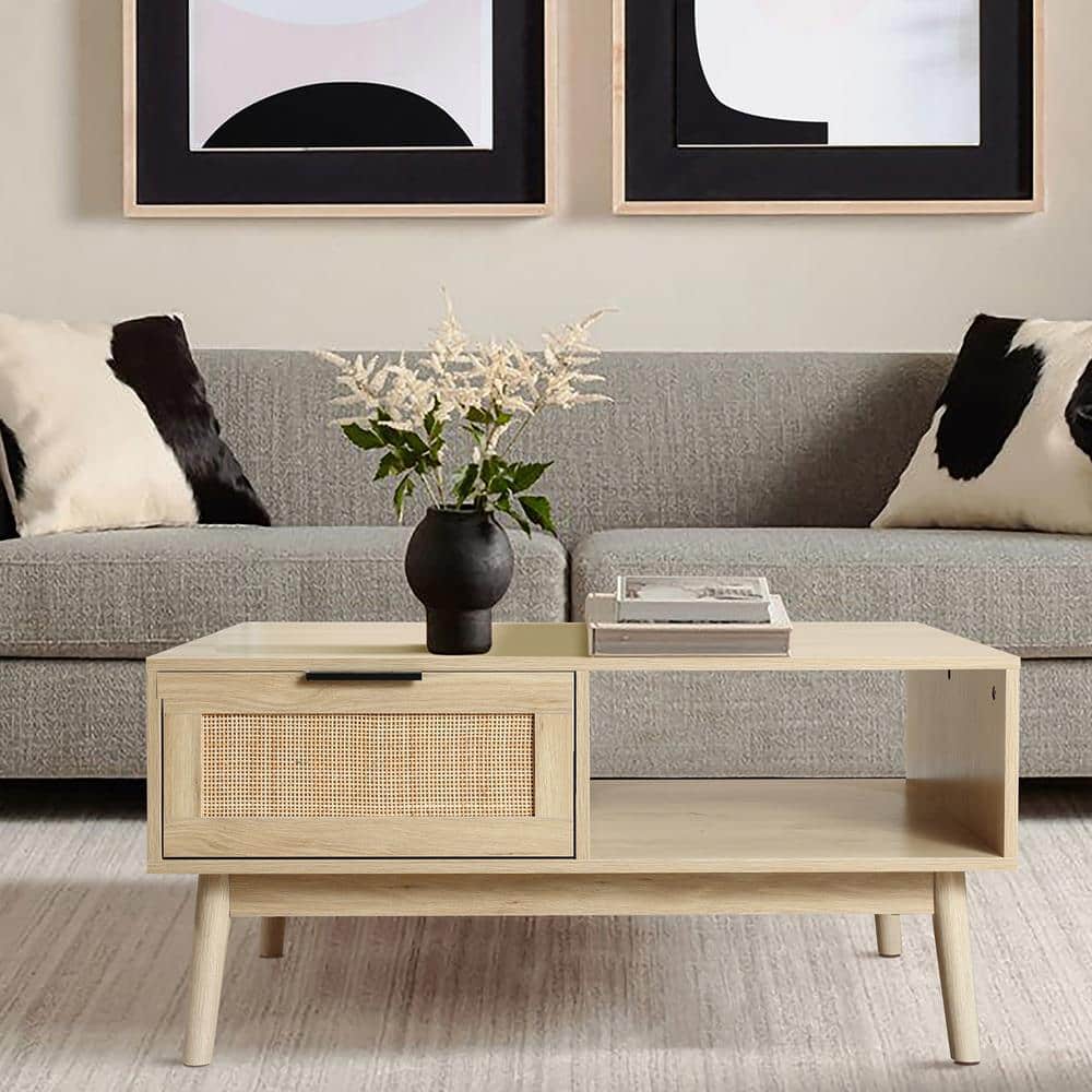 White Oak Finish Rectangular Wood Coffee Table with Storage
