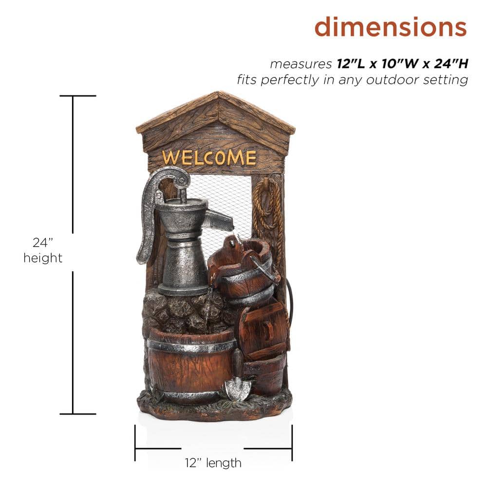 24" Rustic Brown Polyresin Barrel Fountain with Welcome Sign
