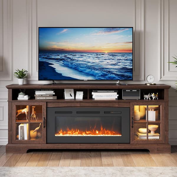 70 in. Freestanding Floor Wooden Surround Electric Fireplace TV Stand 36 in. Walnut Brown