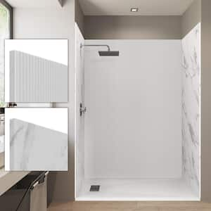 60 in. x 32 in. x 84 in. Alcove Solid Composite Stone Shower Kit -Flutes/Carrara Shower Walls and L/R WH Shower Pan Base