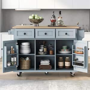 Grey Blue Solid Wood Top 53.1 in. Kitchen Island with Drop Leaf, Cabinet door internal storage racks and 3 Drawers