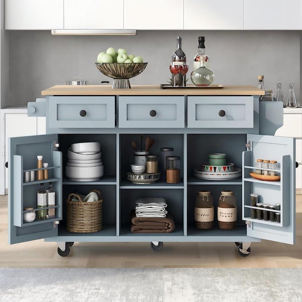 Malwee Grey Blue Solid Wood Top 53.1 in. Kitchen Island with Drop Leaf, Cabinet door internal storage racks and 3 Drawers