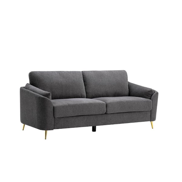 Benjara 34.5 in. Straight Arm Polyester Rectangle Loose Pillow Back Sofa in Gray and Gold