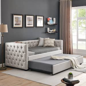 Tufted Beige Upholstered Twin Size Daybed with Trundle and Copper Nail
