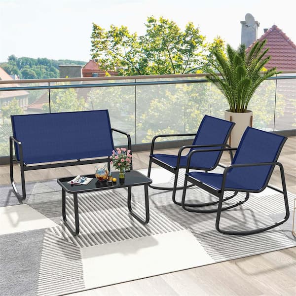 4-Piece Metal Patio Conversation Rocking Set with Glass-Top Table
