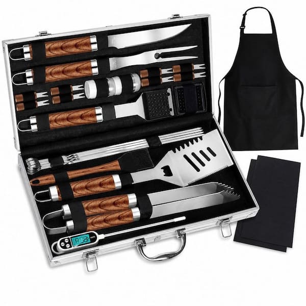 26-Piece Brown Stainless Steel BBQ Grill Accessories Tools Set, BBQ Utensils Kit with Apron, Thermometer and Mats