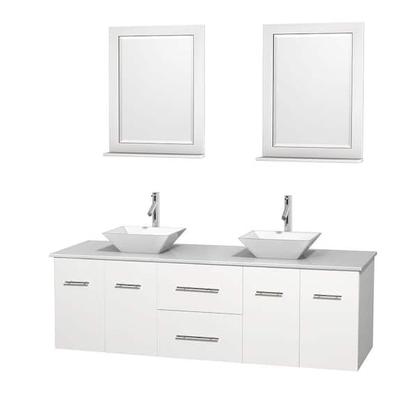 Wyndham Collection Centra 72 in. Double Vanity in White with Solid-Surface Vanity Top in White, Porcelain Sinks and 24 in. Mirrors