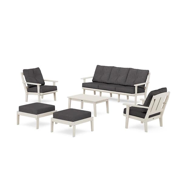 POLYWOOD Mission 6-Pcs Plastic Lounge Sofa Set in Sand/Ash Charcoal Cushions