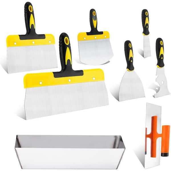 8-Piece Stainless Steel Drywall Hand Tool Kit with Ergonomic Handles Taping and Putty Knives Finishing Trowel Mud Scoop