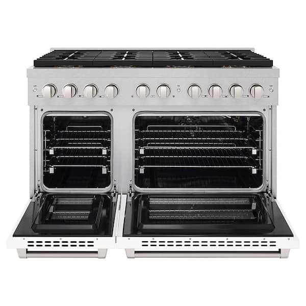 48 in. 6.7 cu. ft. Paramount Gas Range with 8-Burner DuoPro Cooktop and Dual Ovens in Satin Stainless with White Matte