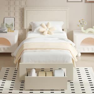 Platform Bed Frame White Metal Frame Twin Size Platform Bed with 1 Storage Drawer, Upholstered bed with Headboard