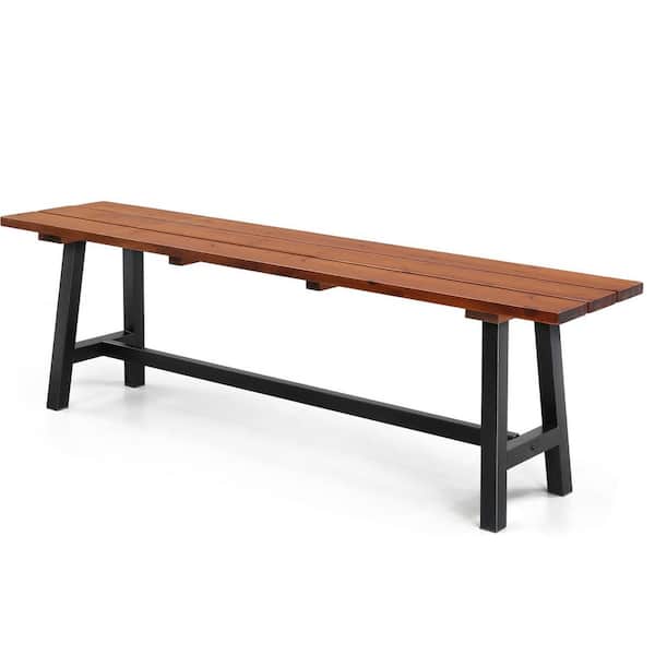 VINGLI 63in Brown Wood Outdoor Bench with Metal Legs, Rustic Dining Bench Backless Porch Bench for Yard Garden Entryway