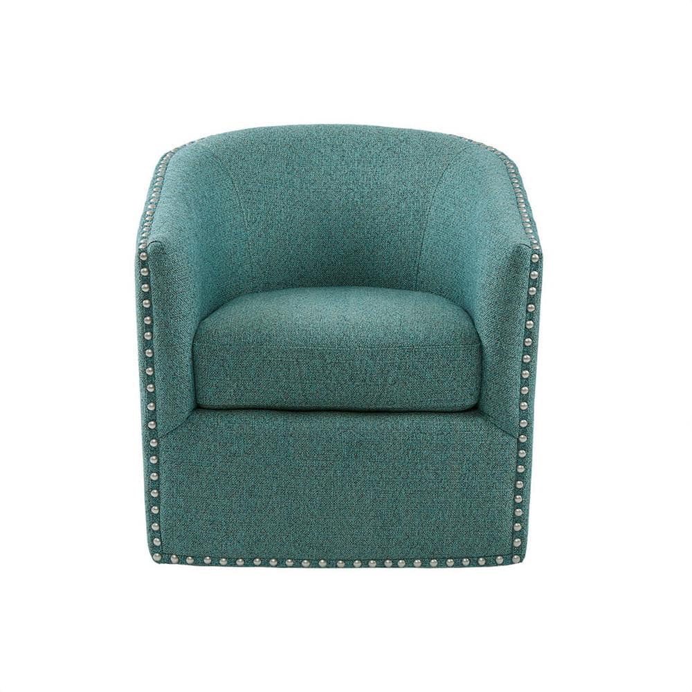 Curved Teal Swivel Lounge Chair with Pewter Nailhead Accents