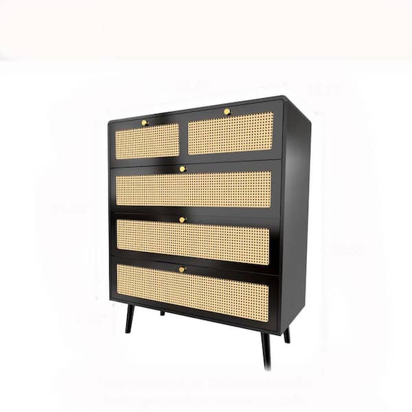 Lycvki 31.49 in. W x 15.74 in. D x 38.58 in. H Black Rattan Shoe Storage Cabinet Linen Cabinet with 4 Drawers and Metal Handles