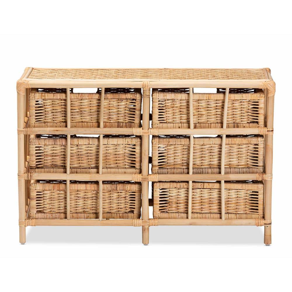 Natural Brown Rattan 6-Drawer Bohemian Storage Cabinet
