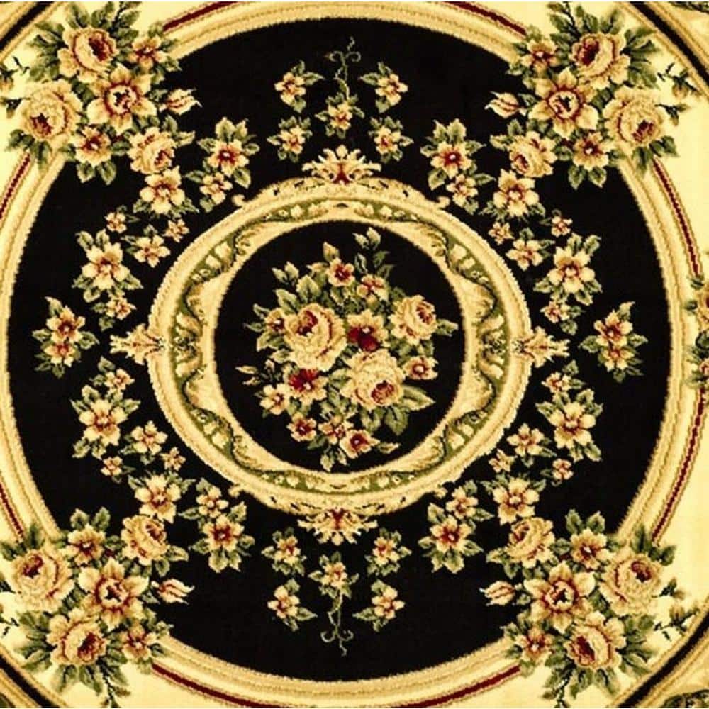 8' Round Black and Ivory Floral Synthetic Area Rug