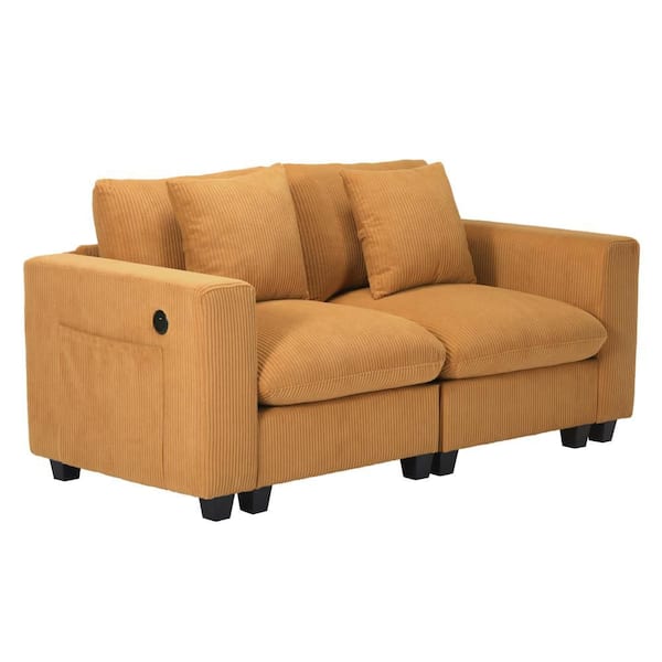WESTINFURNITURE Hamilton Corduroy Upholstered Square Arm Modular Loveseat with USB Charger Port, Mustard