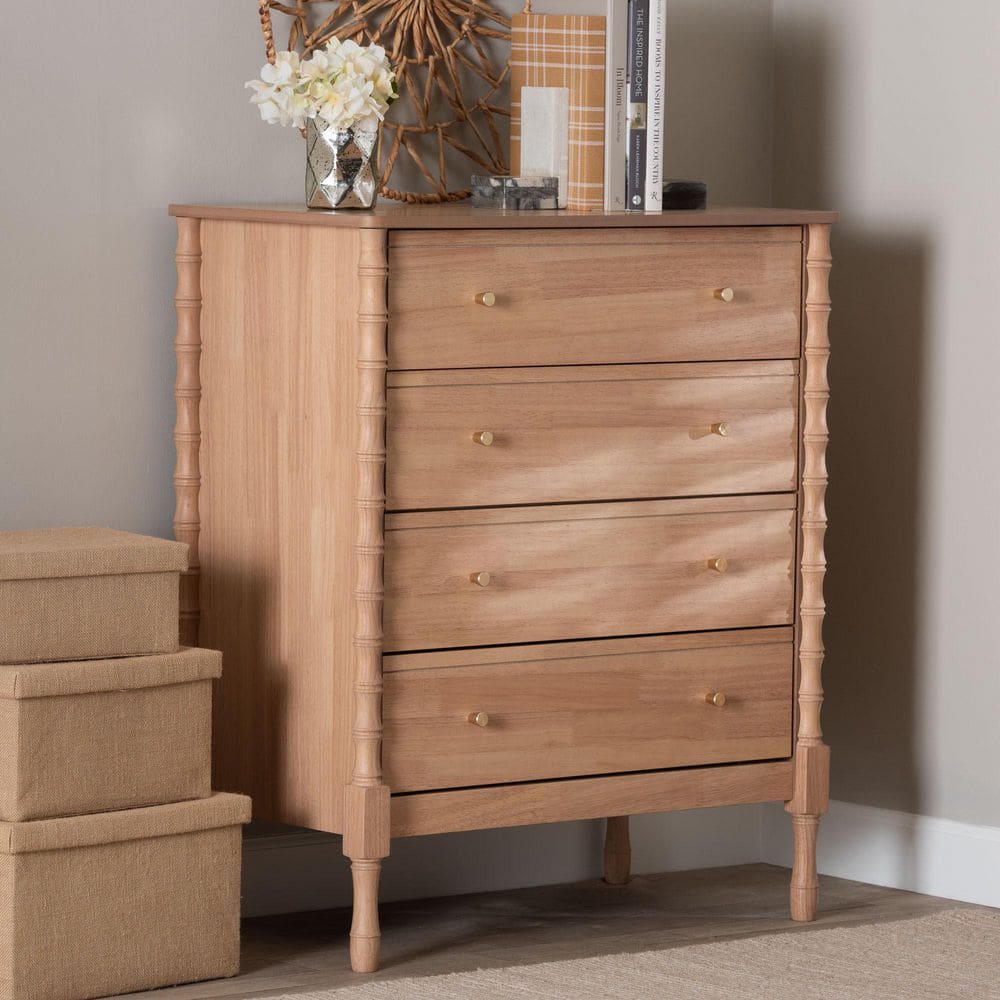 Baxton Studio Laurent Beech Brown 4-Drawer 32.7 in. Chest of