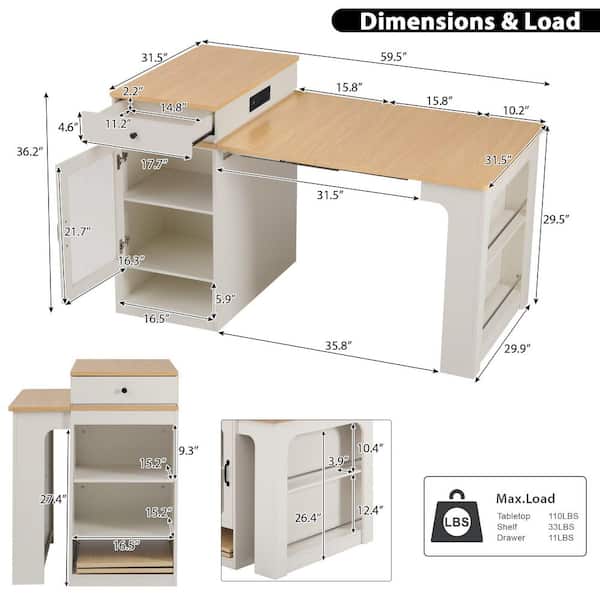 Lirago Farmhouse White Wood Top 59.5 in. Kitchen Island Cart with