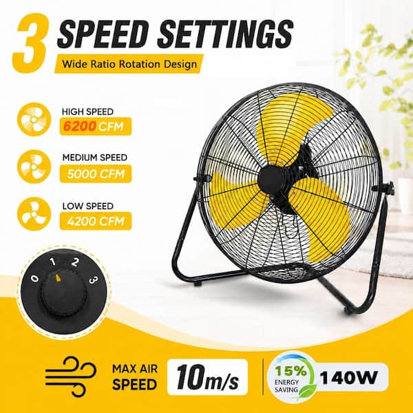 20 in. Yellow 6200 CFM Floor Fan, 3-Speed Tilting with Wall Mount for Garage, Shop, Commercial Use - UL Listed
