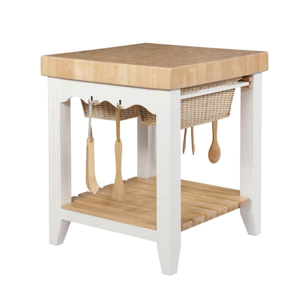 Kolton White Kitchen Island with Butcher Block Style Top and Storage