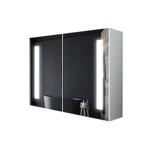 36 in. W x 24 in. H Rectangular Silver Aluminum Surface Mount Bi-View Medicine Cabinet with Mirror and LED Lighting