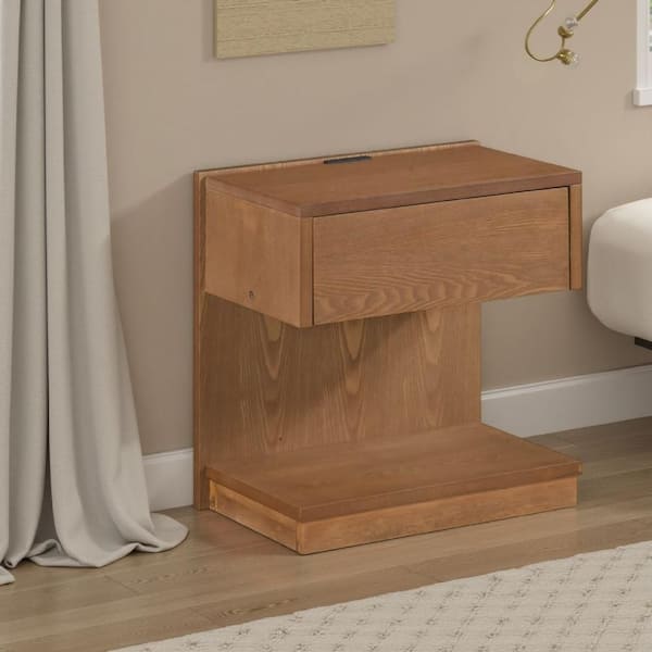 12.5 in. Wire Brush Brown C Shaped Rectangle Wood End Table with 1-Drawer and USB Port