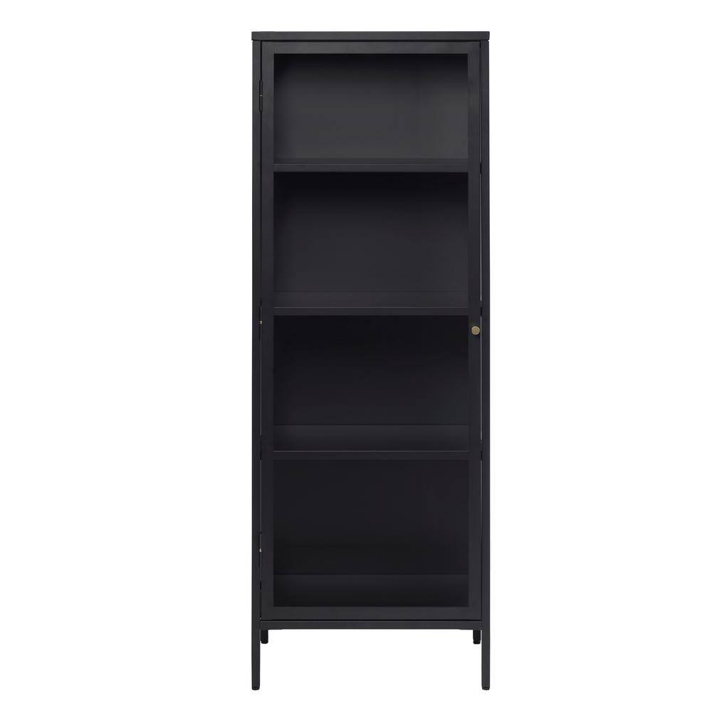 63-Inch Black Metal and Glass Display Cabinet with Brass Knobs