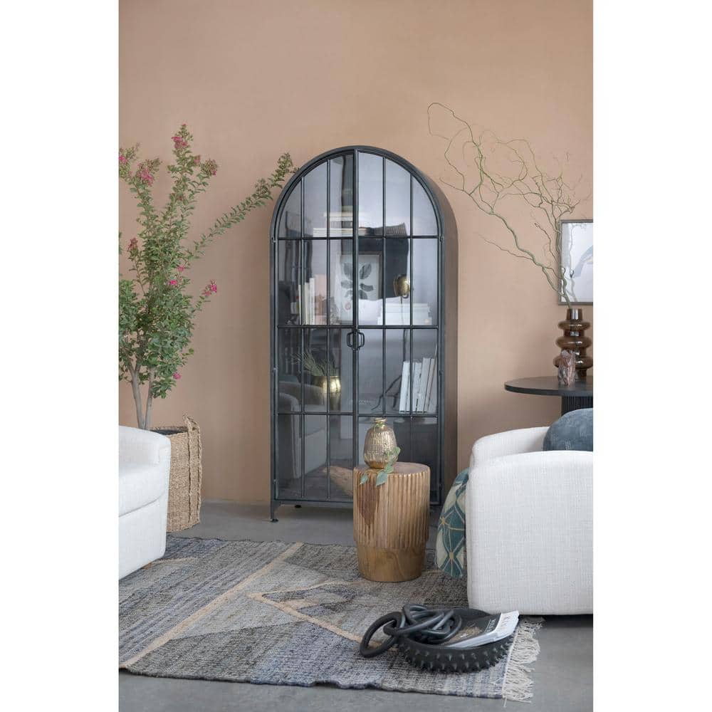 Arched Black Iron and Glass Office Storage Cabinet
