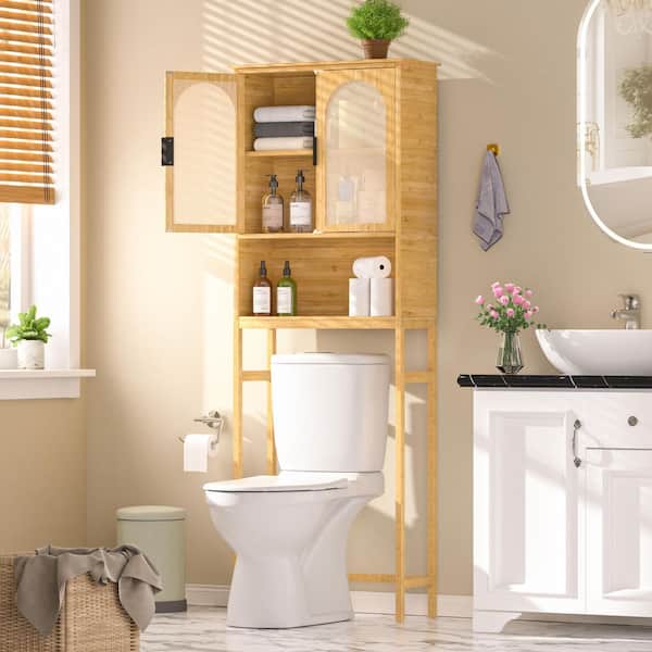 Yellow Bamboo Over-The-Toilet Storage Cabinet 24.4 in. W x 66.9 in. H x 9.5 in. D with 3-Shelf and Rattan Doors