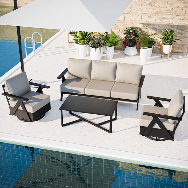 4-Piece Black Aluminum Patio Conversation Set Swivel Chair with Beige Cushions and Coffee Table