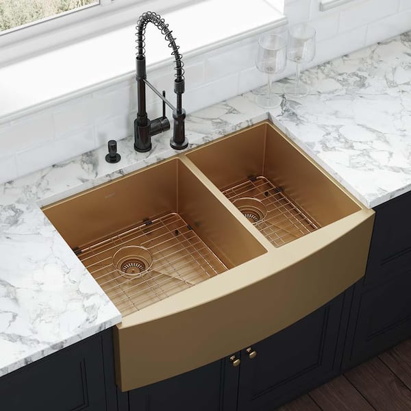 Terraza 33 in. Apron-Front Farmhouse 60/40 Double Bowl 16-Gauge Stainless Steel Kitchen Sink in Tone Matte Gold