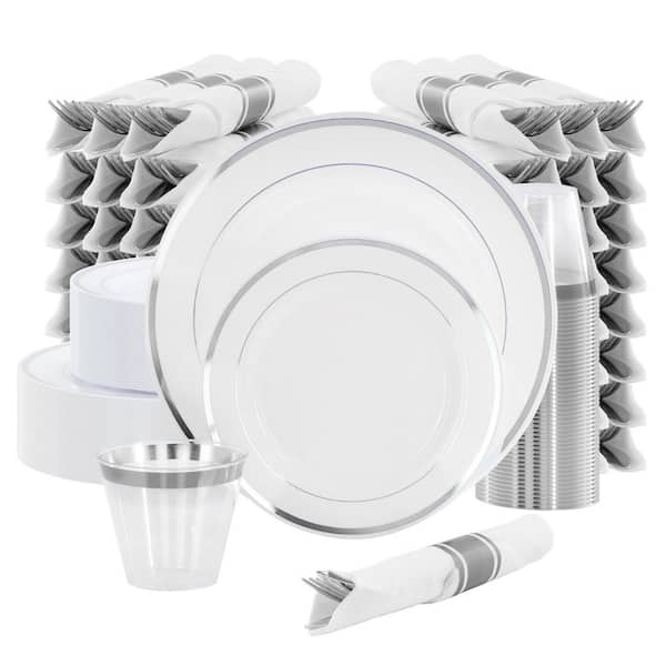 350 Piece Disposable Plastic Dinnerware Party Set for 50 Guests in White with Silver Trim